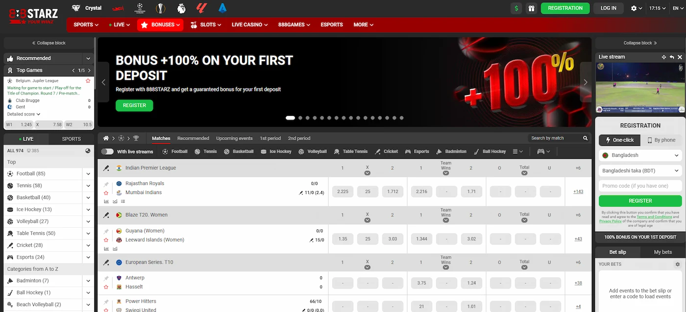 Navigate sports betting options on the 888Starz bet platform with live streaming and bonus offers.